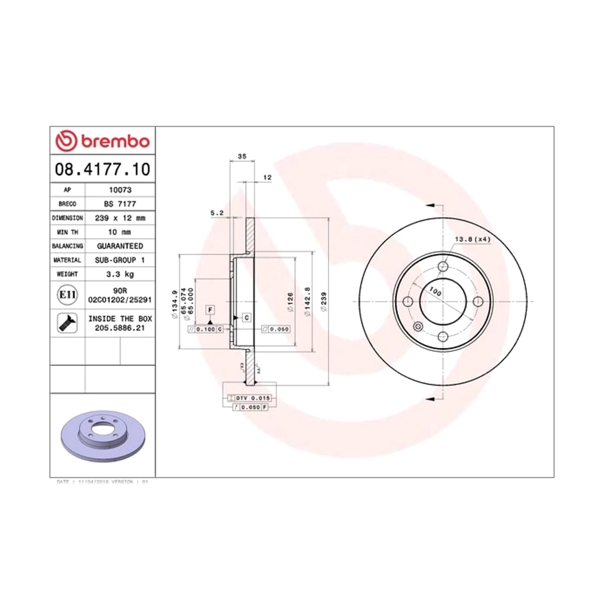 BREMBO Диск тормозной Standard 08417710 (перед)