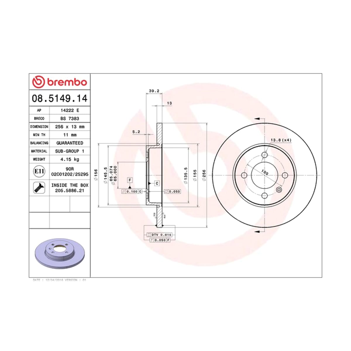 BREMBO Диск тормозной Standard 08514914 (перед)