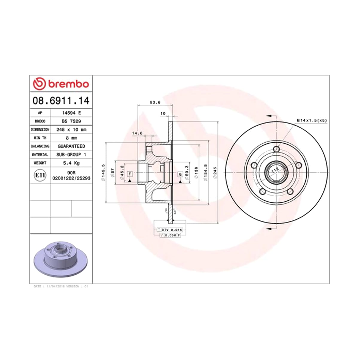 BREMBO Диск тормозной Standard 08691114 (зад)