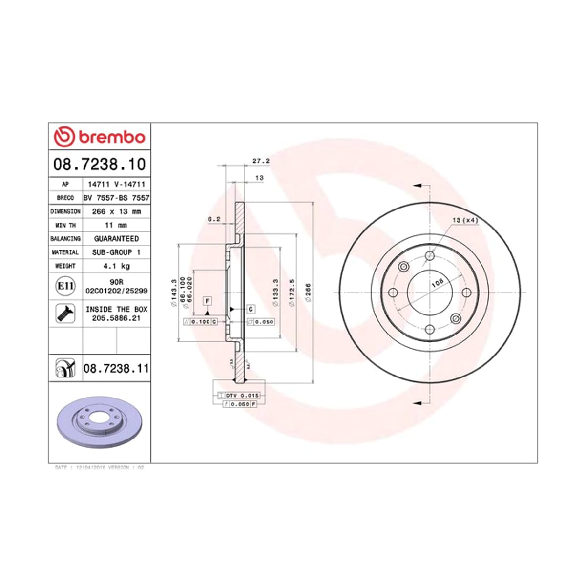 BREMBO Снят, замена 08.7238.11 Диск тормозной Standard 08723810 (перед)