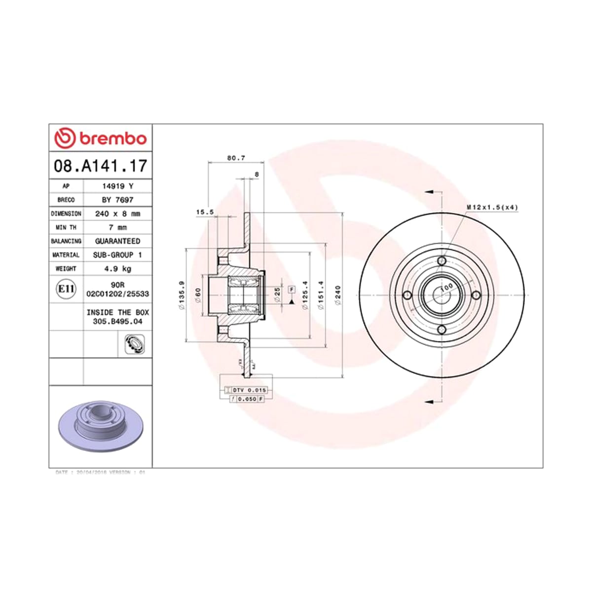 BREMBO Диск тормозной с подшипниками 08A14117 (зад)