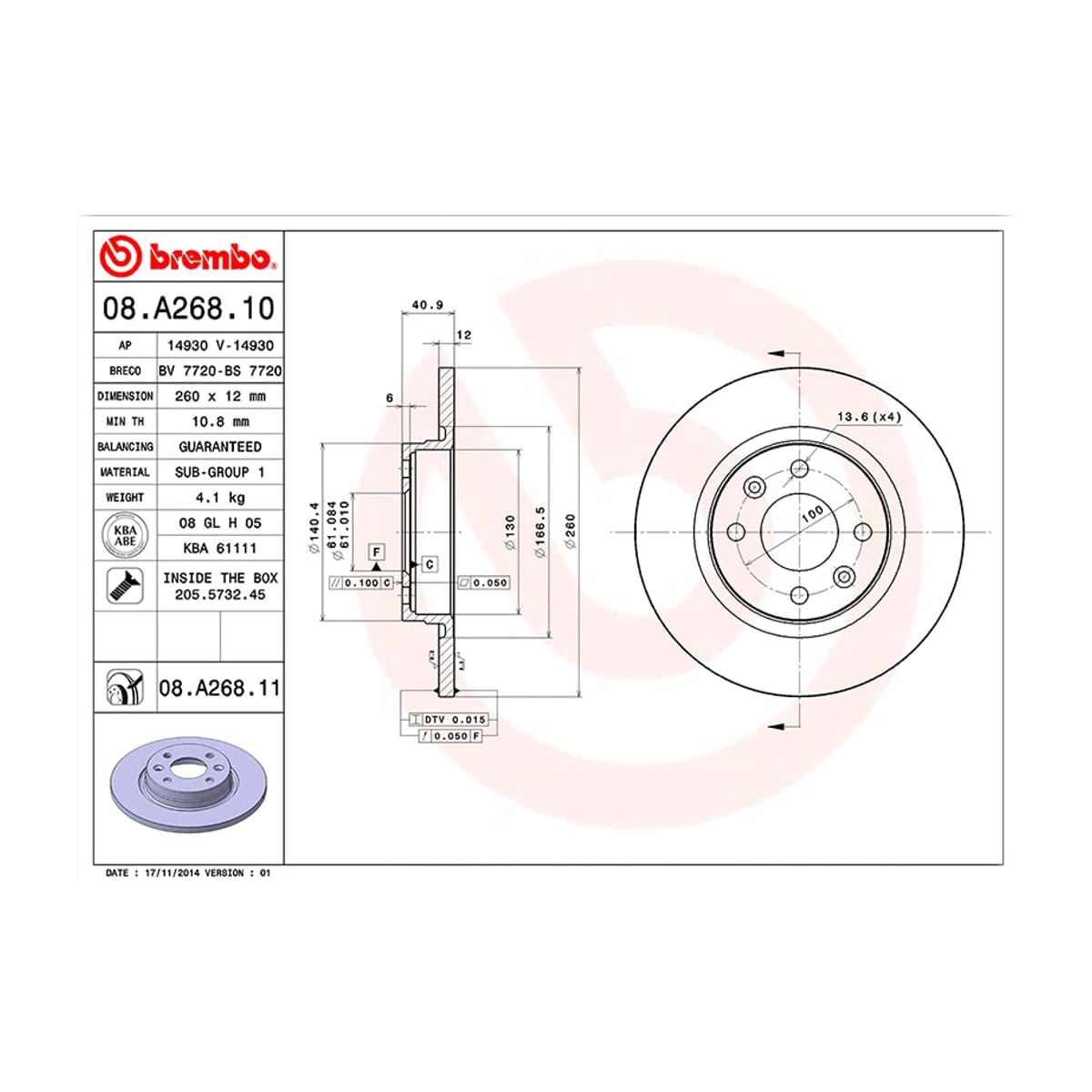 BREMBO Диск тормозной Standard 08A26810 (перед)