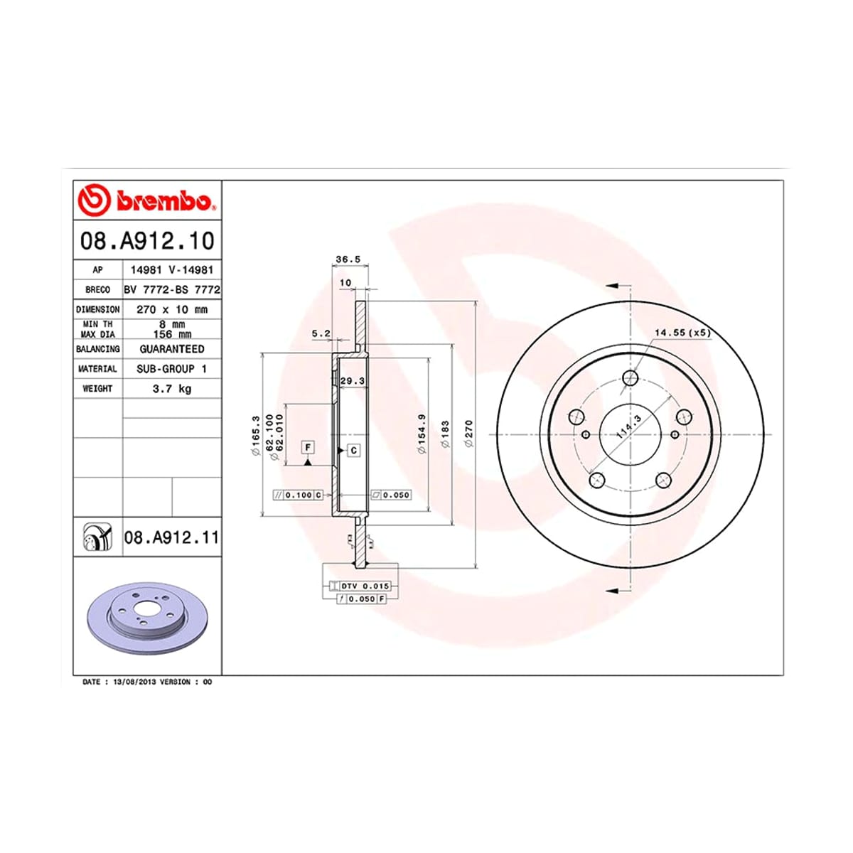 BREMBO Диск тормозной (Сзади) Toyota Corolla (E150,E180) 06-19 / Auris 06-18 08A91210