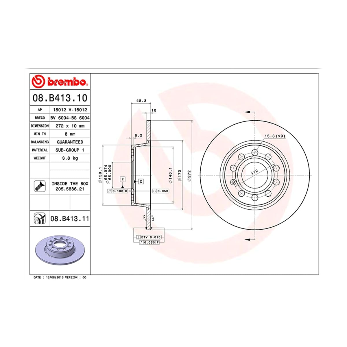 BREMBO Диск тормозной (Сзади) Audi A3 03-24 / Skoda Octavia 04-20 08B41311