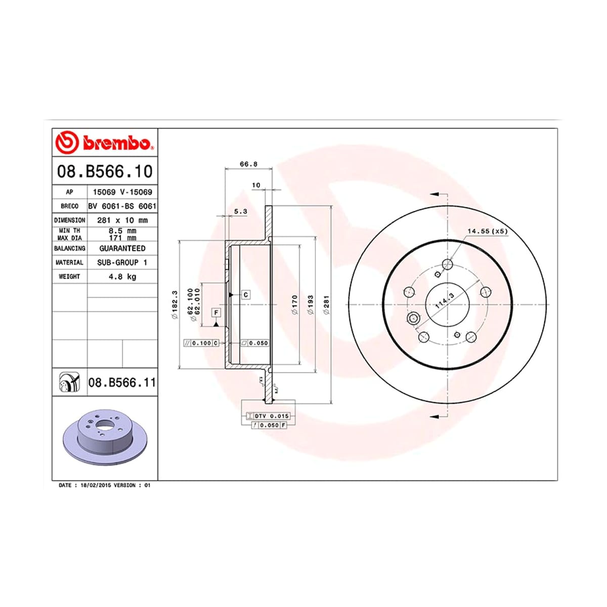 BREMBO Диск тормозной (Сзади) Toyota Camry (XV30,XV40,XV50) 01-21 / Camry UAE/USA 01-17 08B56611