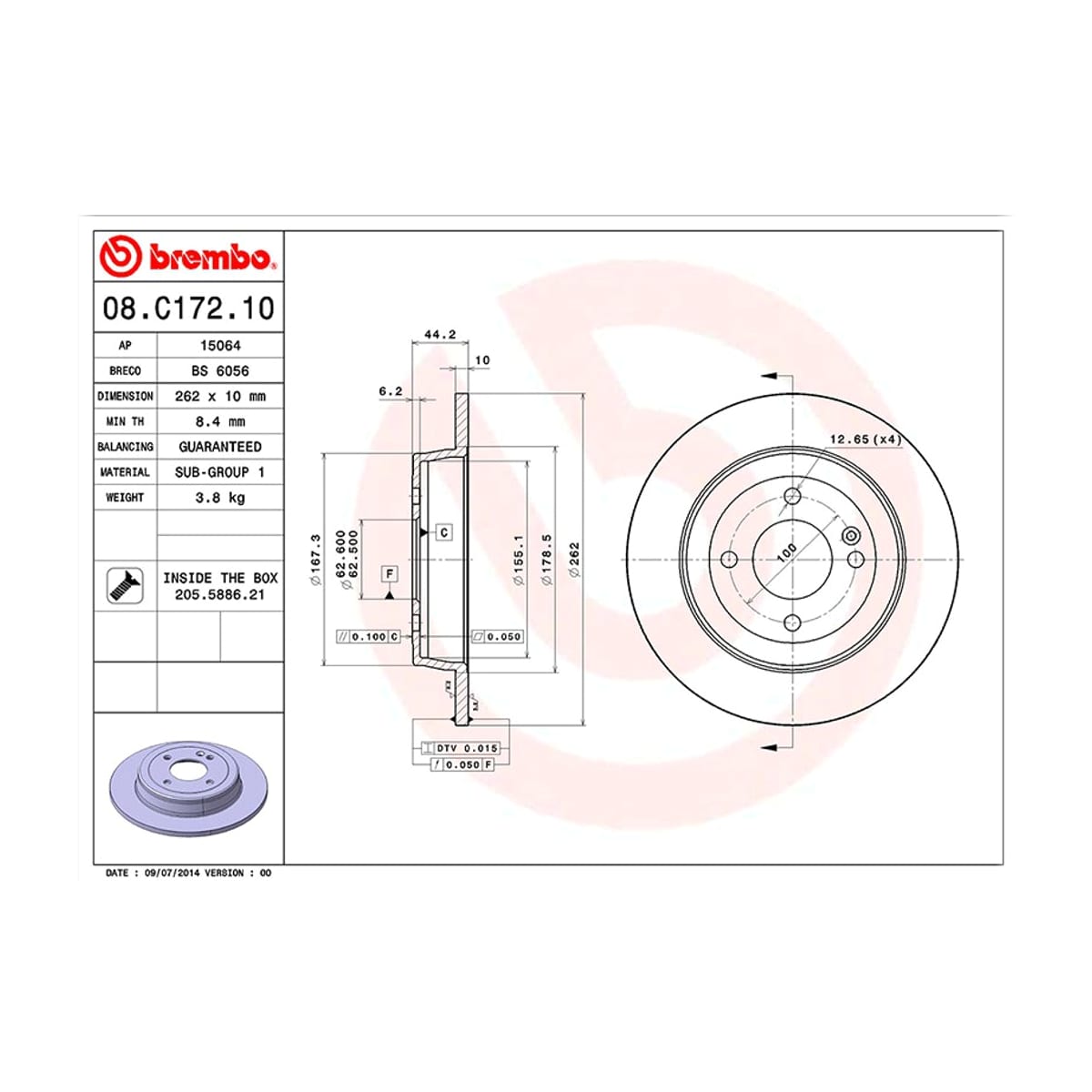 BREMBO Диск тормозной Standard 08C17210 (зад)