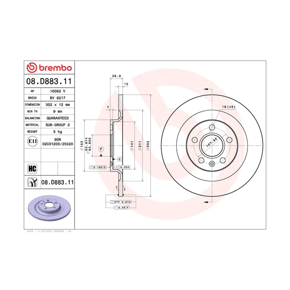 BREMBO Диск тормозной UV Coated 08D88311 (зад)