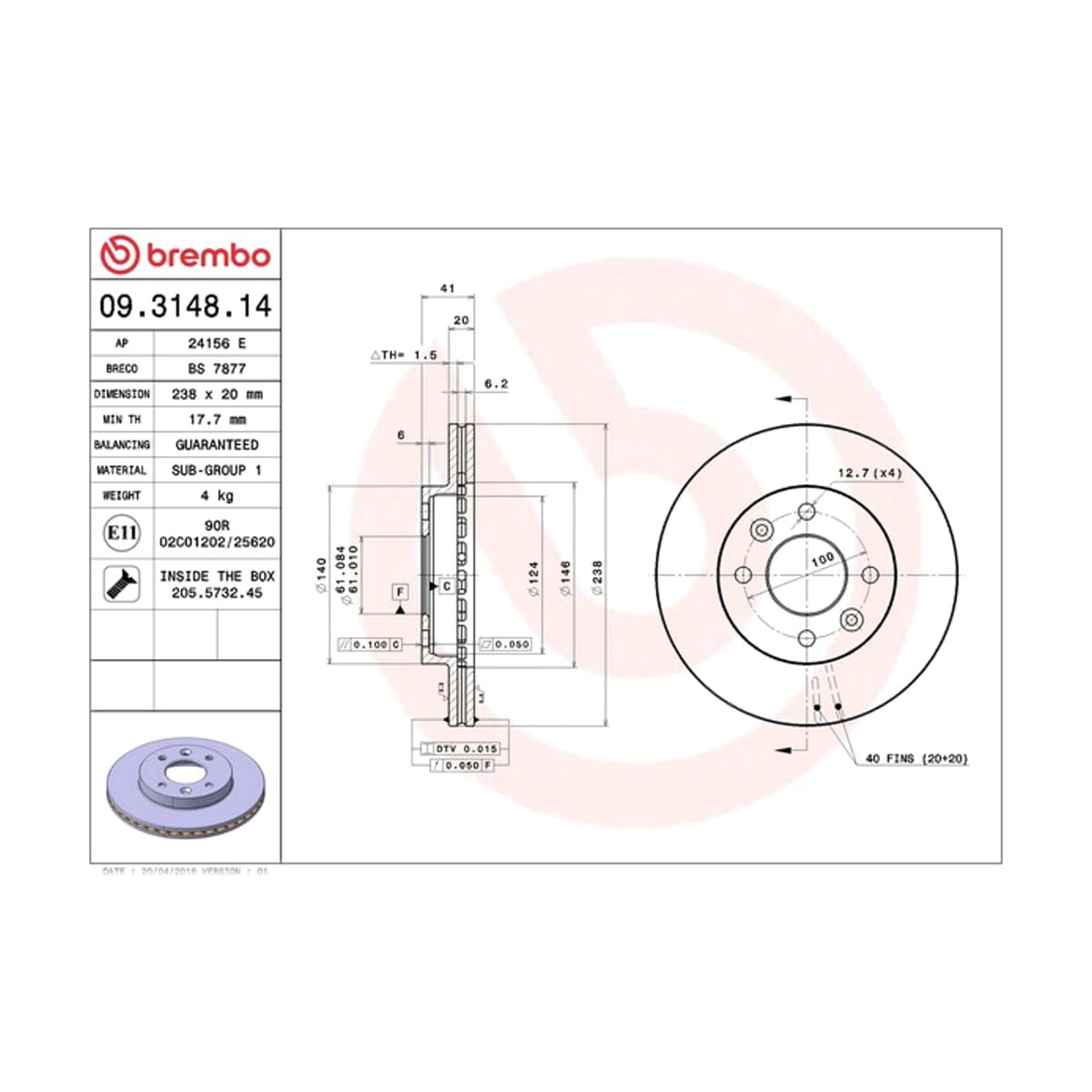 BREMBO Диск тормозной Standard 09314814 (перед)
