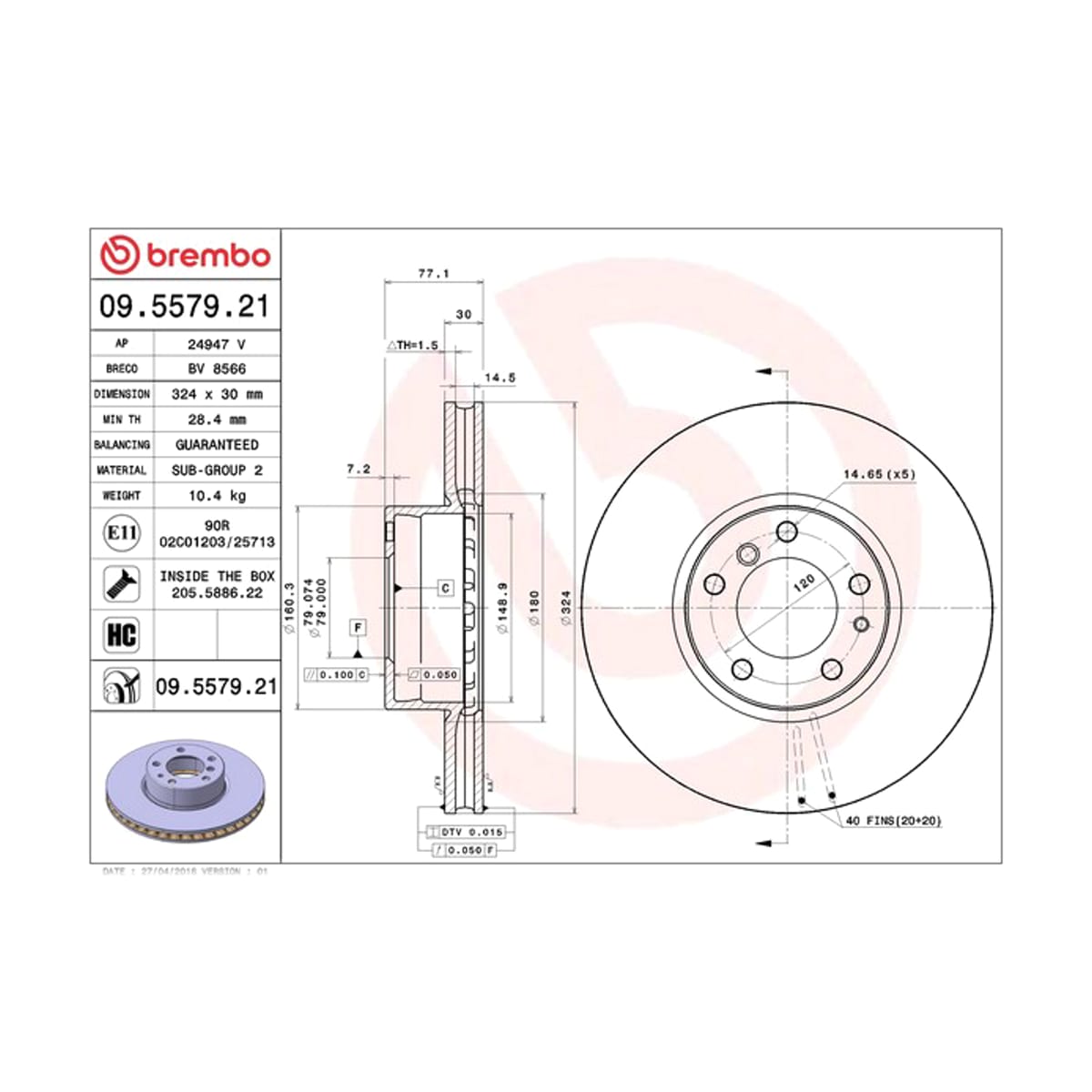 BREMBO Диск тормозной UV Coated 09557921 (перед)