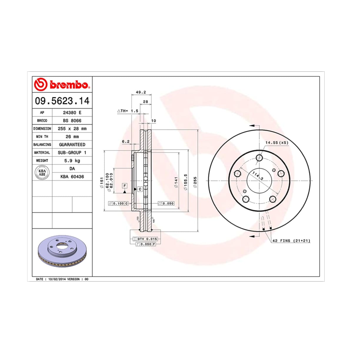 BREMBO Диск тормозной Standard 09562314 (перед)