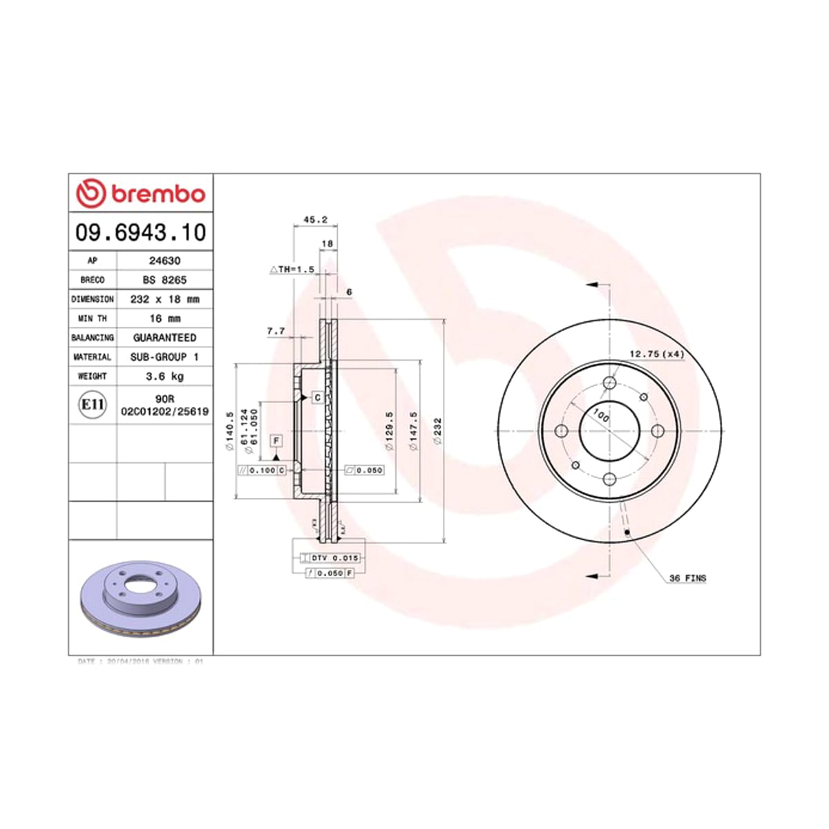 BREMBO Диск тормозной Standard 09694310 (перед)
