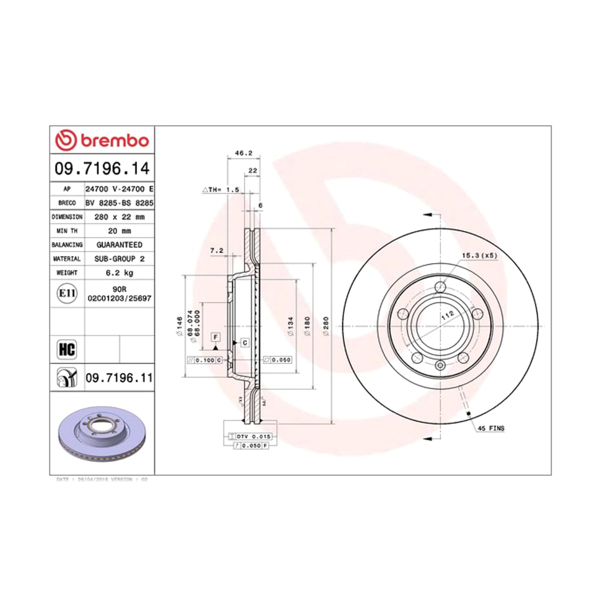 BREMBO Диск тормозной (Спереди) Audi A4 99-09 / A6 94-08 09719614