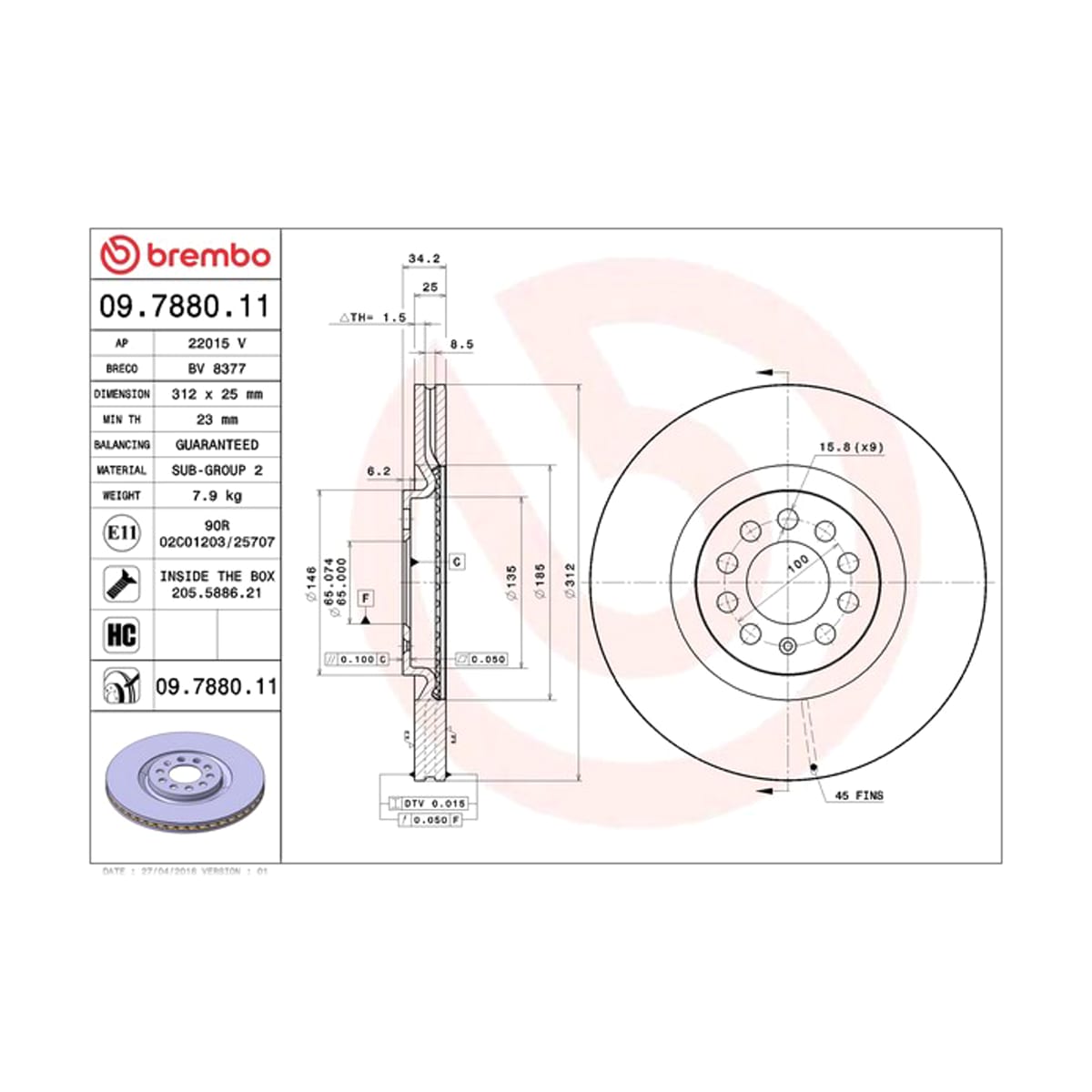 BREMBO Диск тормозной UV Coated 09788011 (перед)