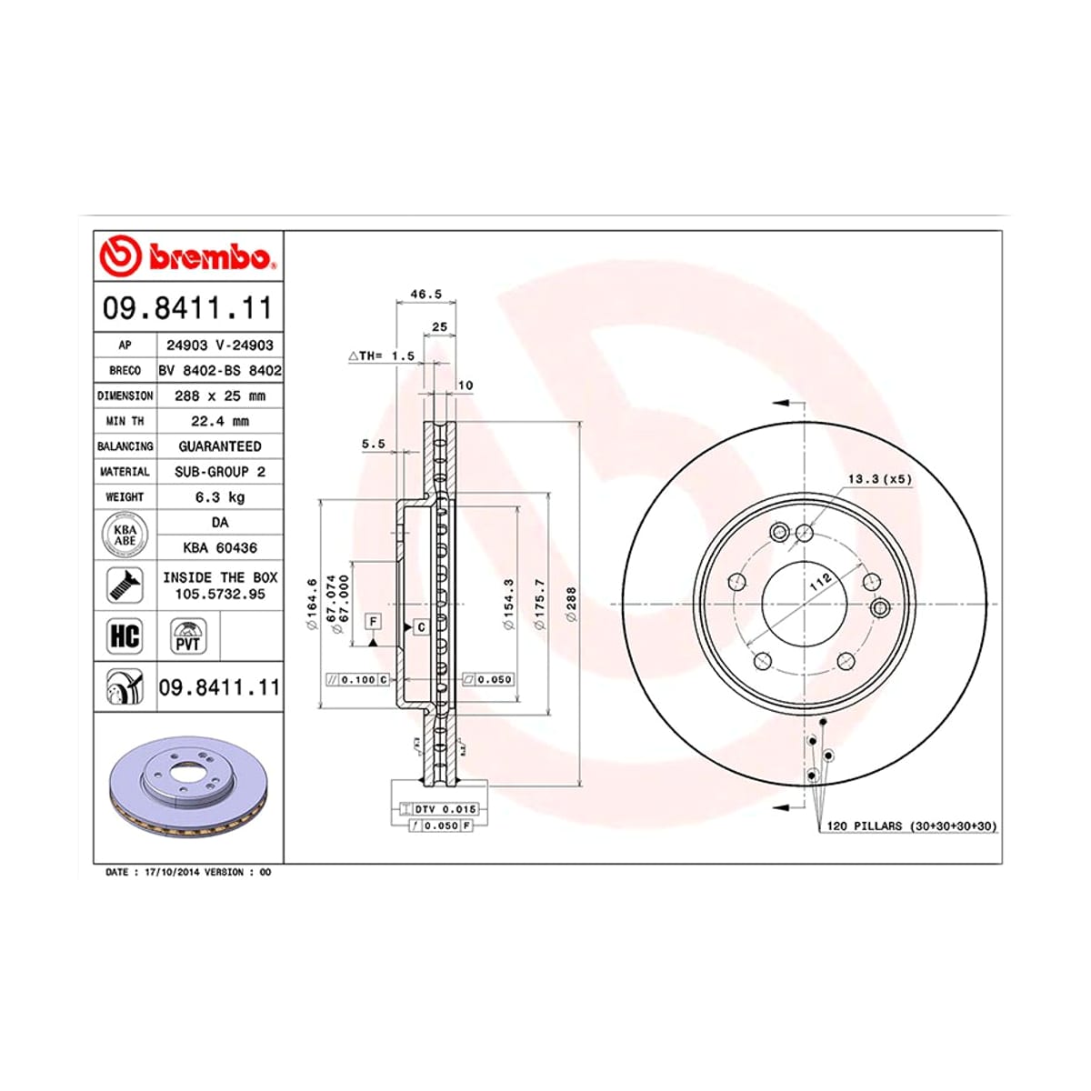 BREMBO Диск тормозной UV Coated 09841111 (перед)