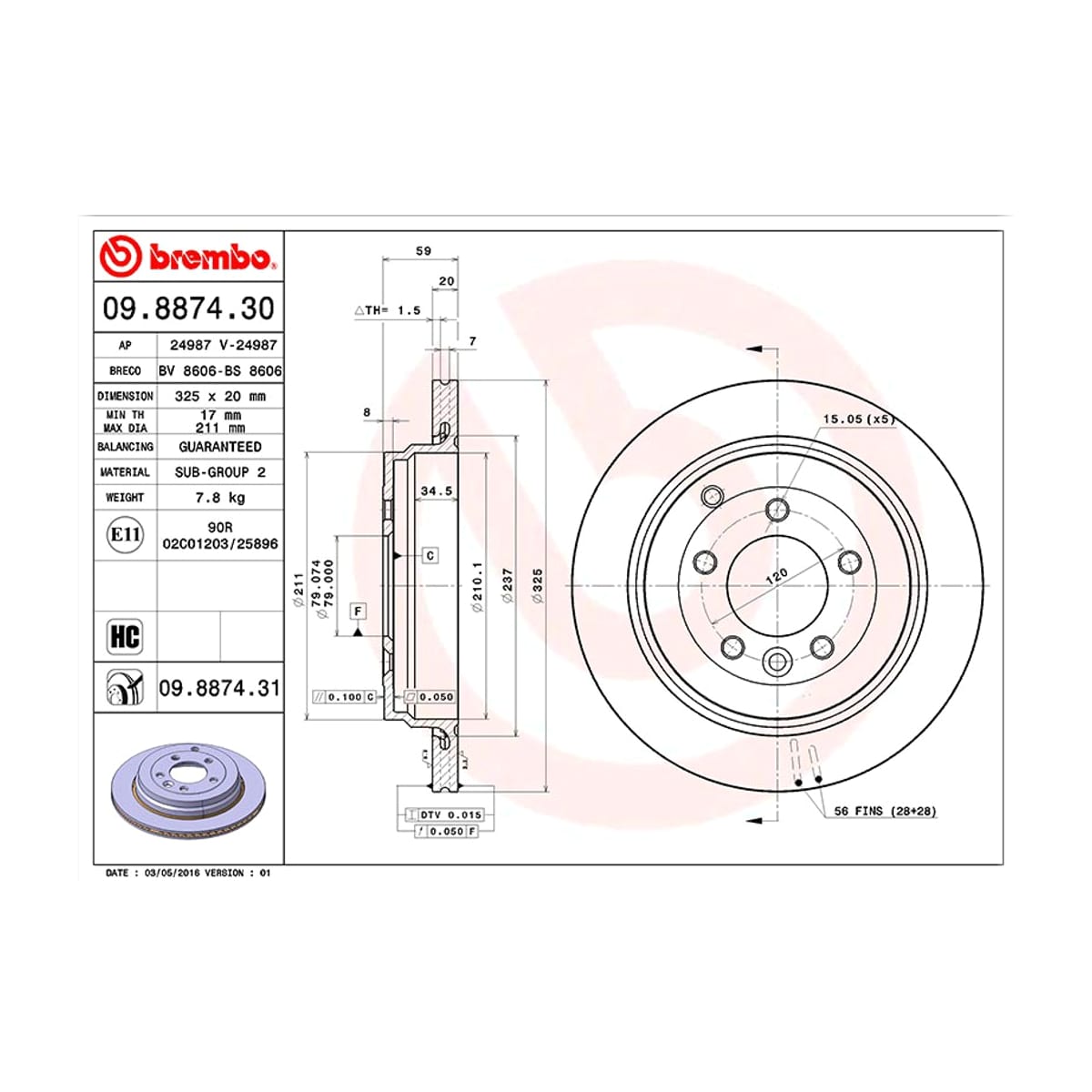 BREMBO Диск тормозной UV Coated 09887431 (зад)
