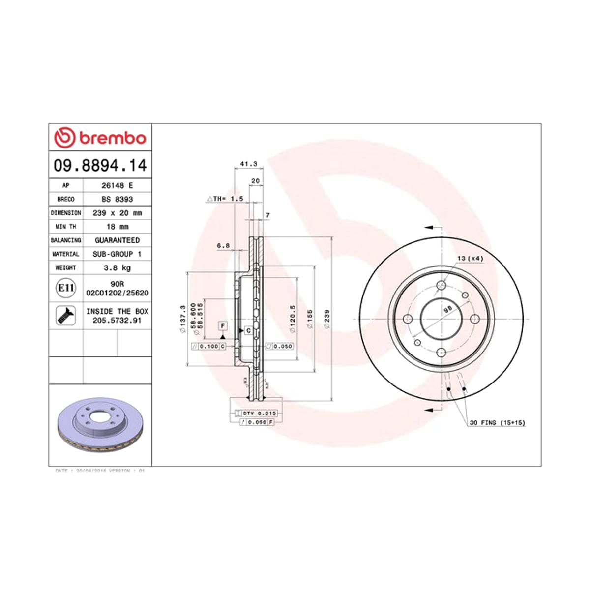 BREMBO Диск тормозной Standard 09889414 (перед)