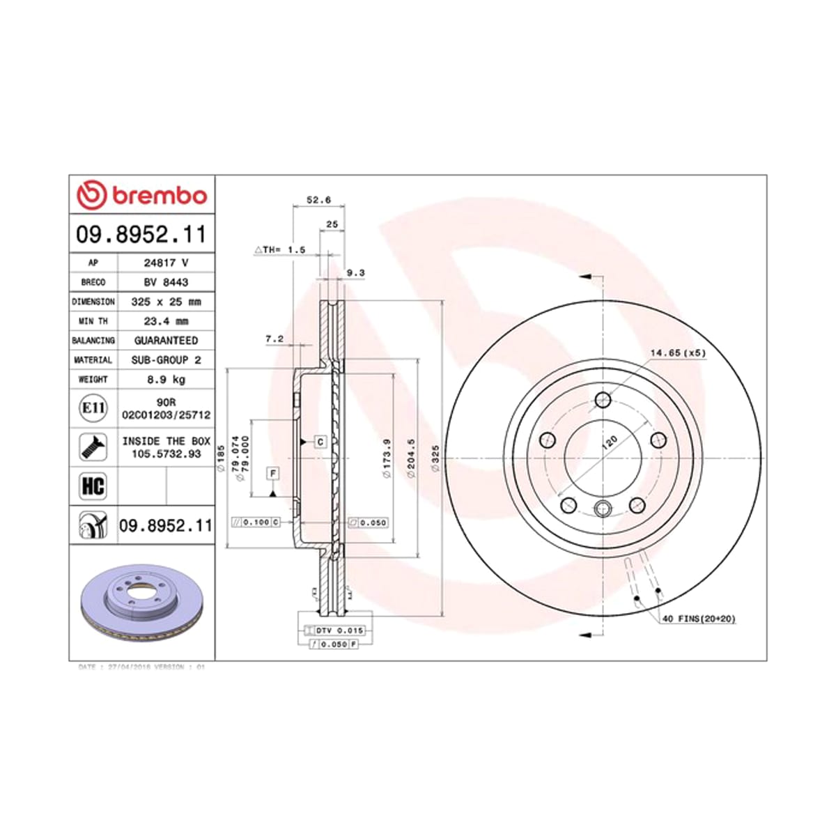 BREMBO Диск тормозной UV Coated 09895211 (перед)