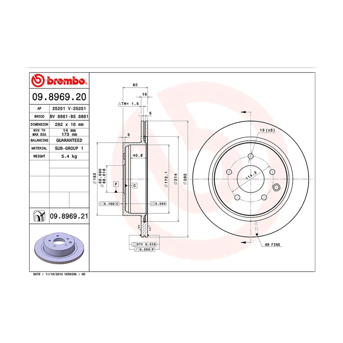 BREMBO Диск тормозной (Сзади) Nissan Juke 10-20 / Leaf 09-22 09896920