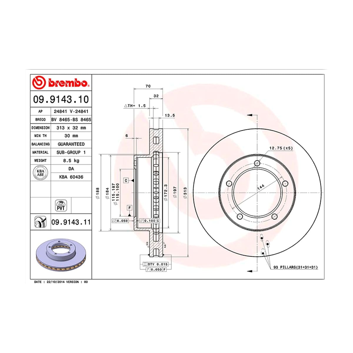BREMBO Диск тормозной (Спереди) Toyota Land Cruiser (J100) 98-07 / Lexus LX 98-07 09914311