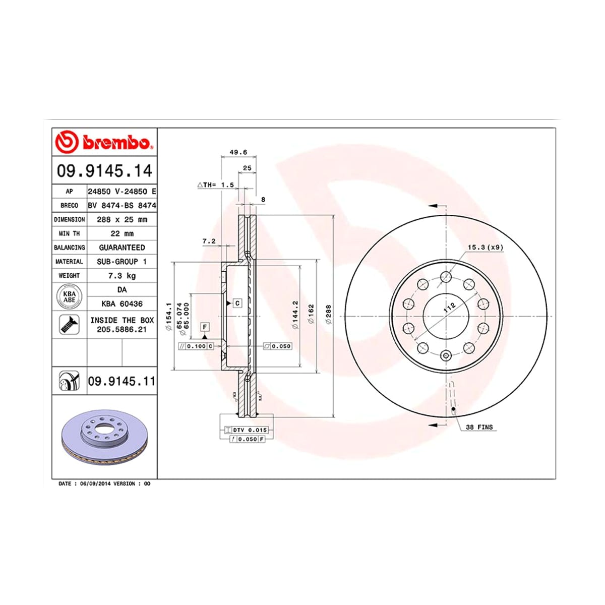 BREMBO Диск тормозной UV Coated 09914511 (перед)