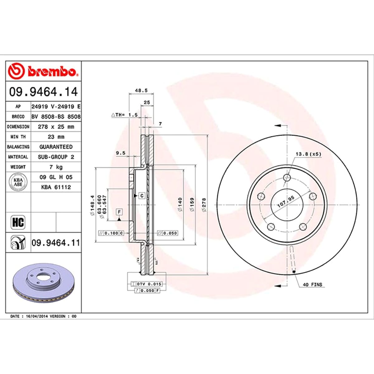 BREMBO Диск тормозной UV Coated 09946411 (перед)