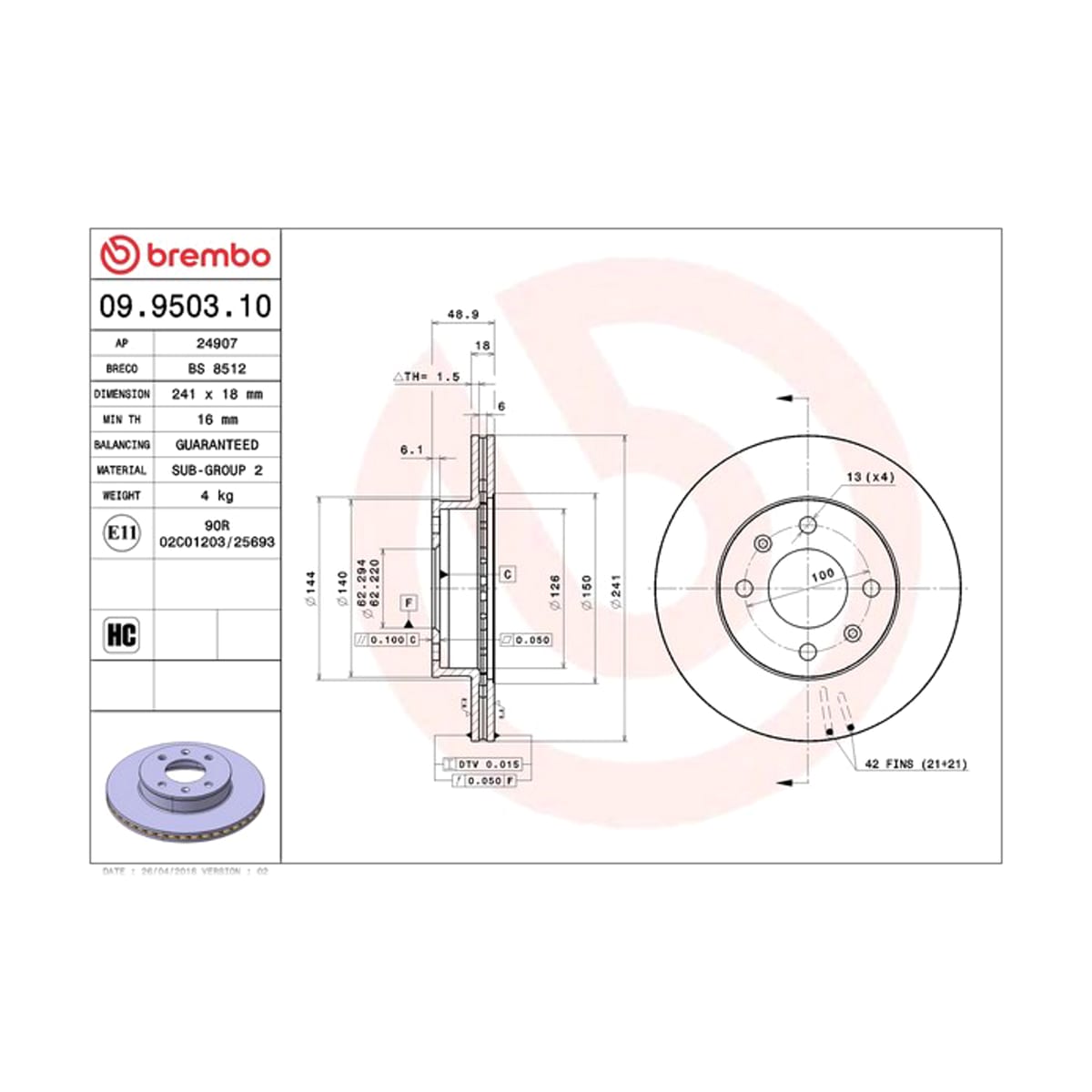 BREMBO Диск тормозной Standard 09950310 (перед)