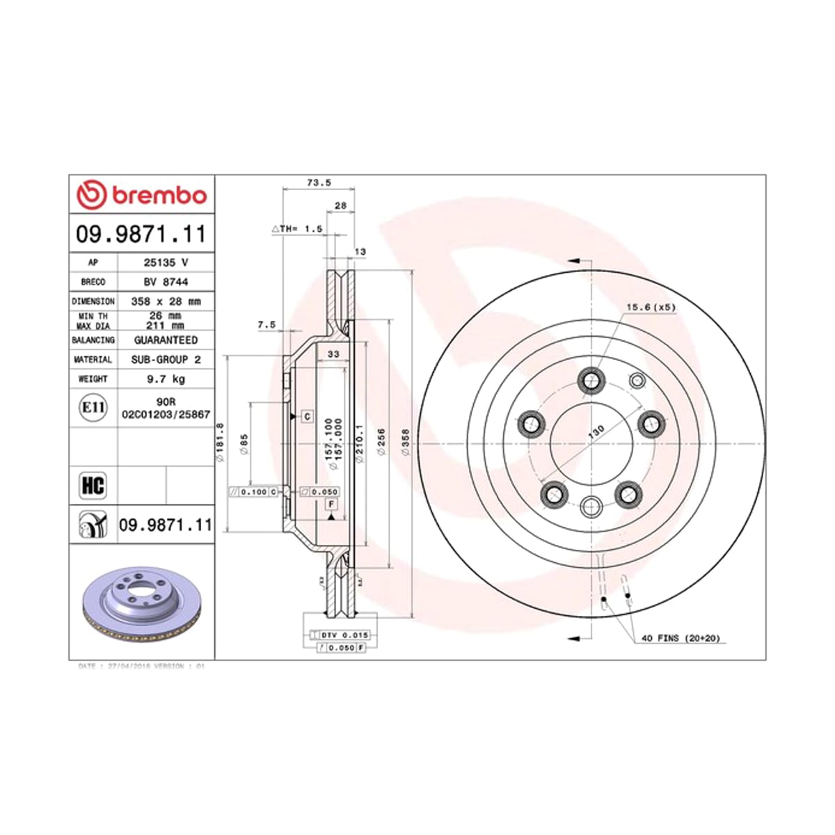 BREMBO Диск тормозной UV Coated 09987111 (зад)