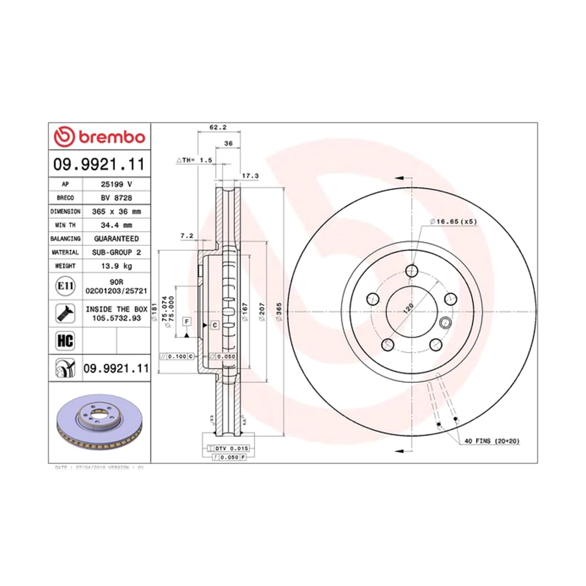BREMBO Диск тормозной UV Coated 09992111 (перед)