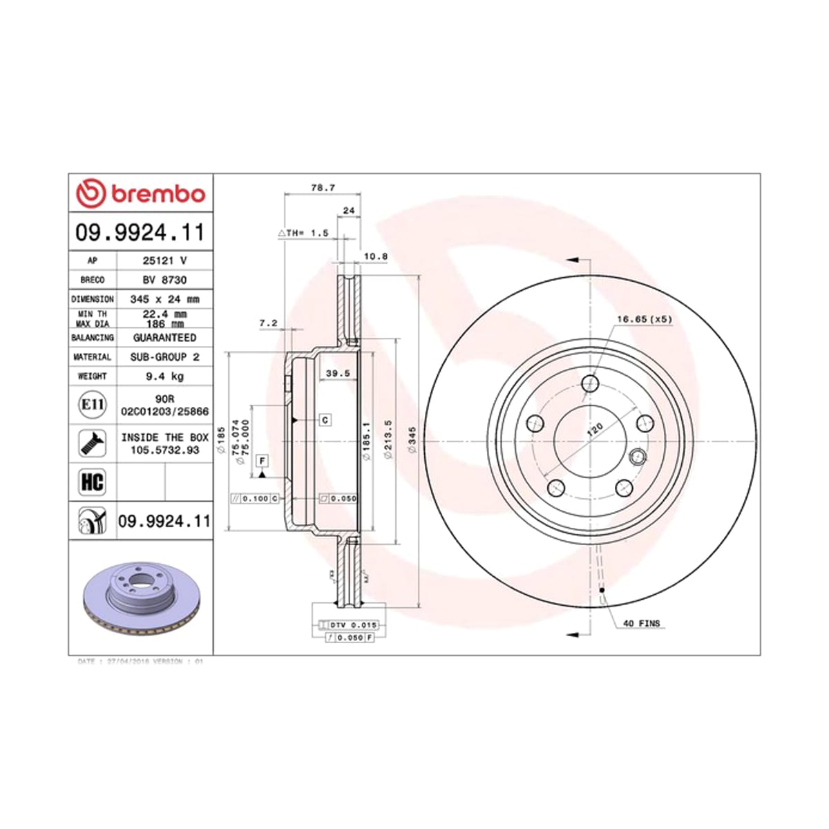 BREMBO Диск тормозной UV Coated 09992411 (зад)