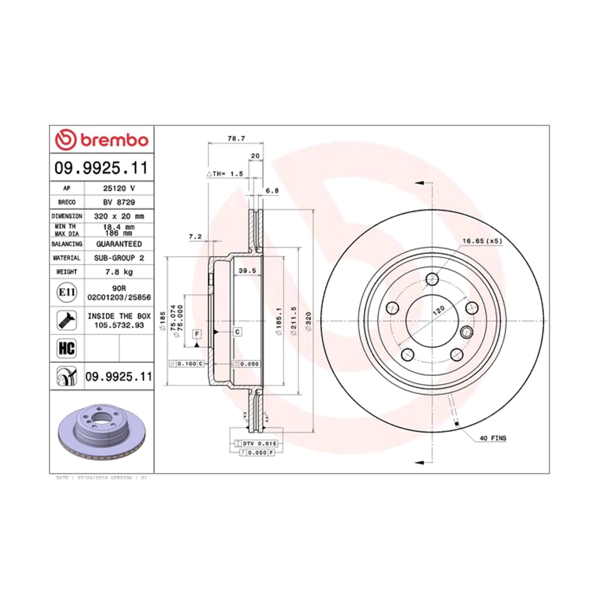 BREMBO Диск тормозной (Сзади) BMW X5 06-18 / X6 08-20 09992511