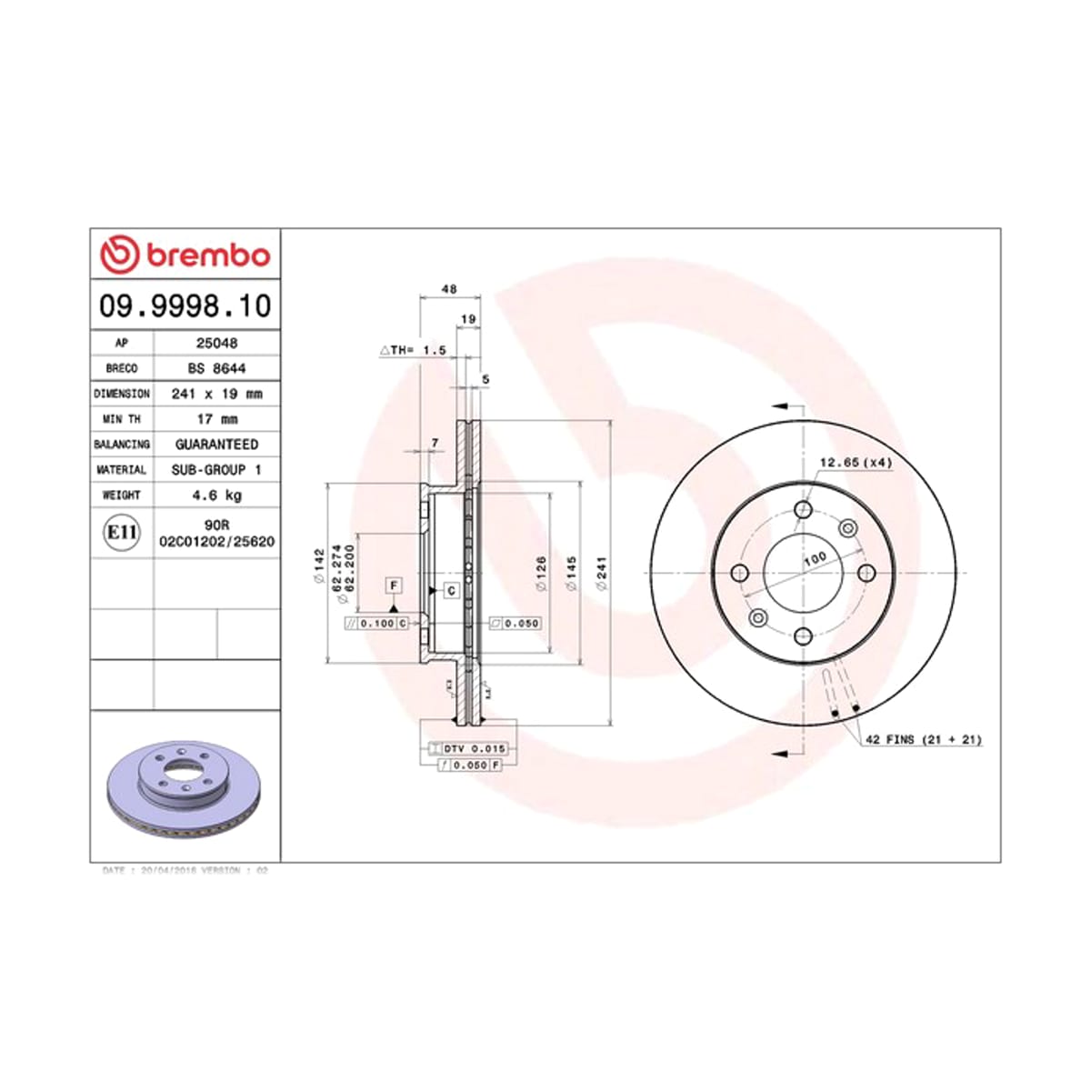 BREMBO Диск тормозной Standard 09999810 (перед)