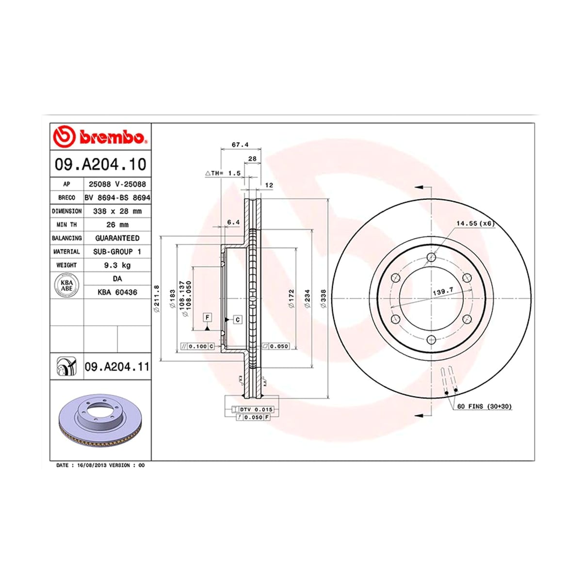 BREMBO Диск тормозной UV Coated 09A20411 (перед)