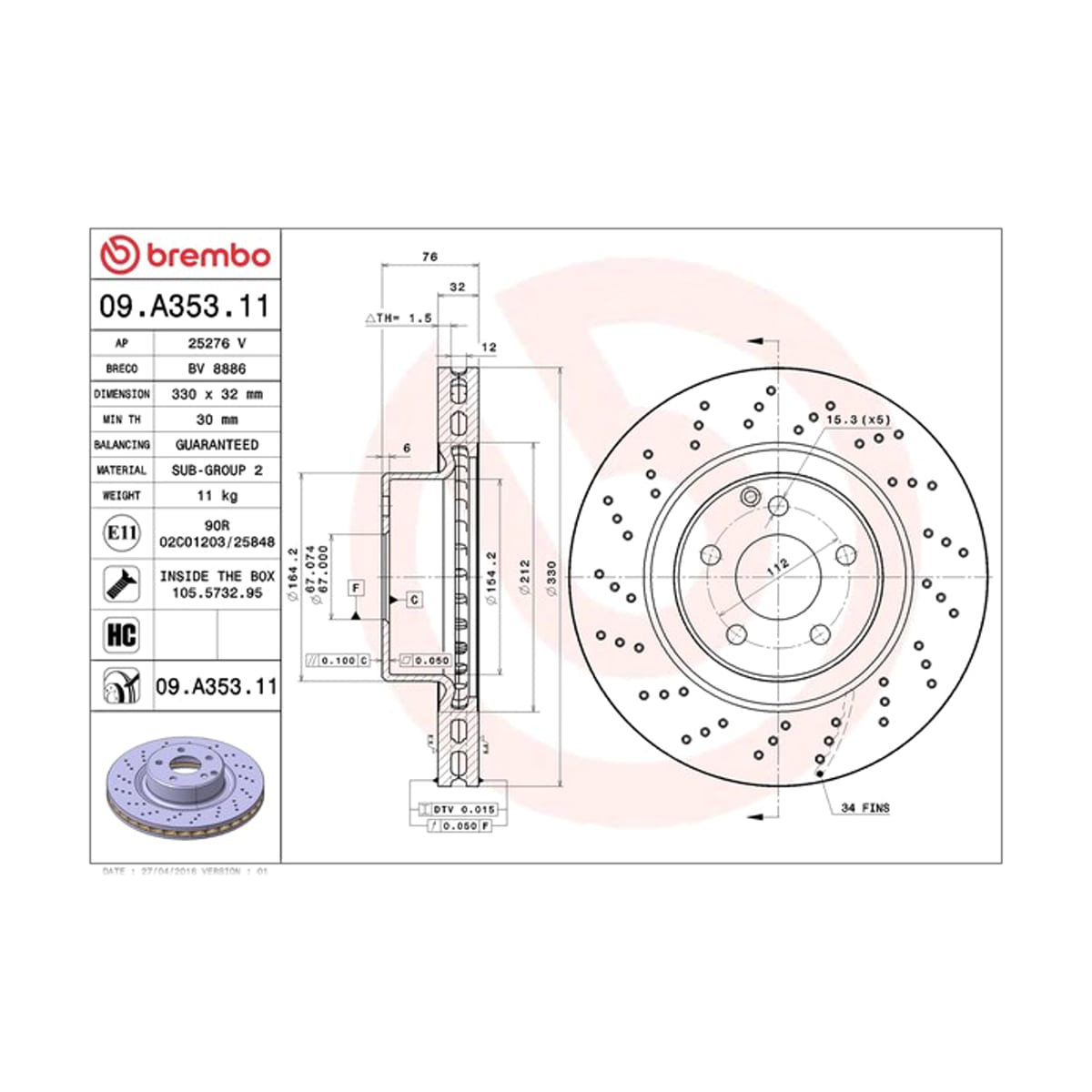 BREMBO Диск тормозной 09A35311 (перед)