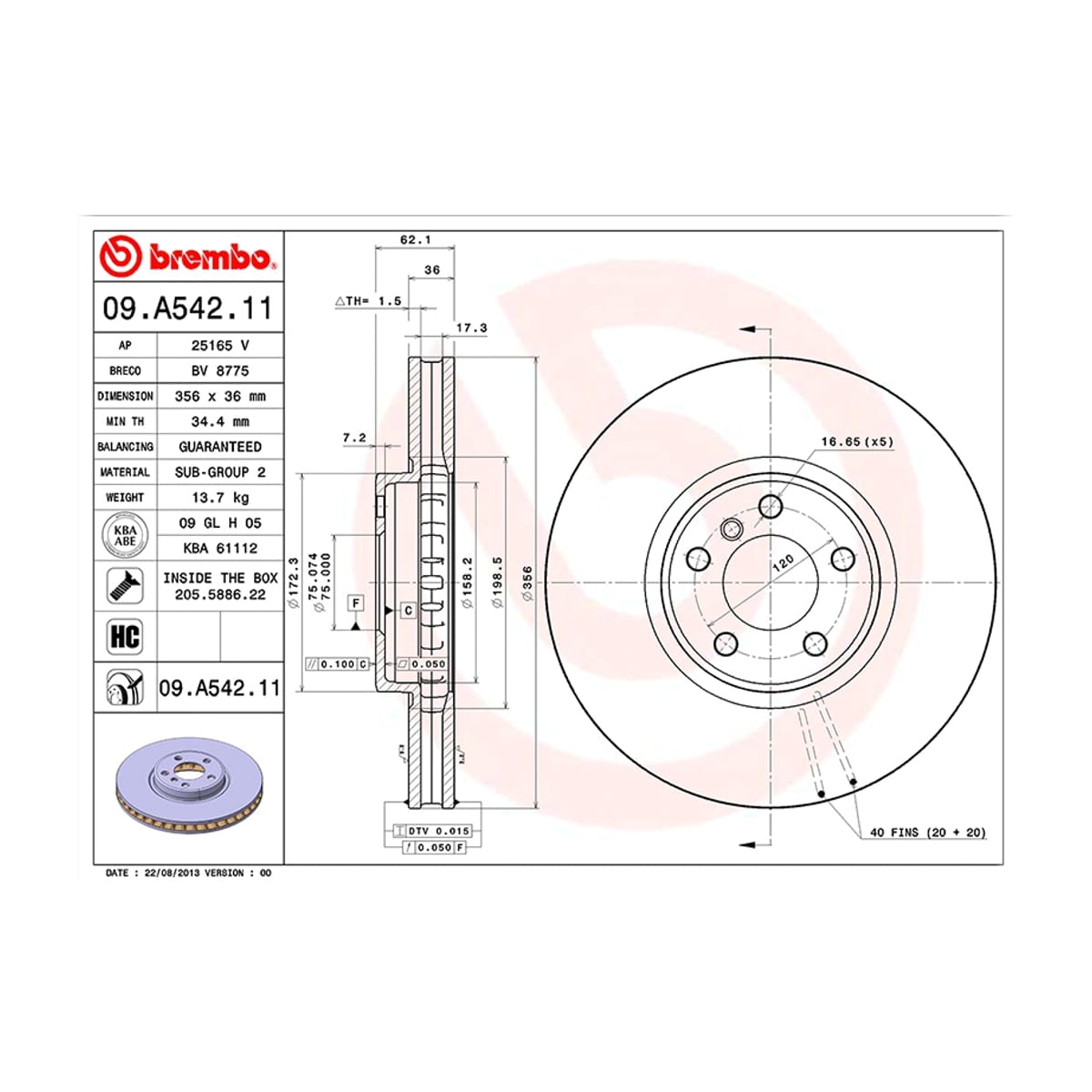 BREMBO Диск тормозной UV Coated 09A54211 (перед)