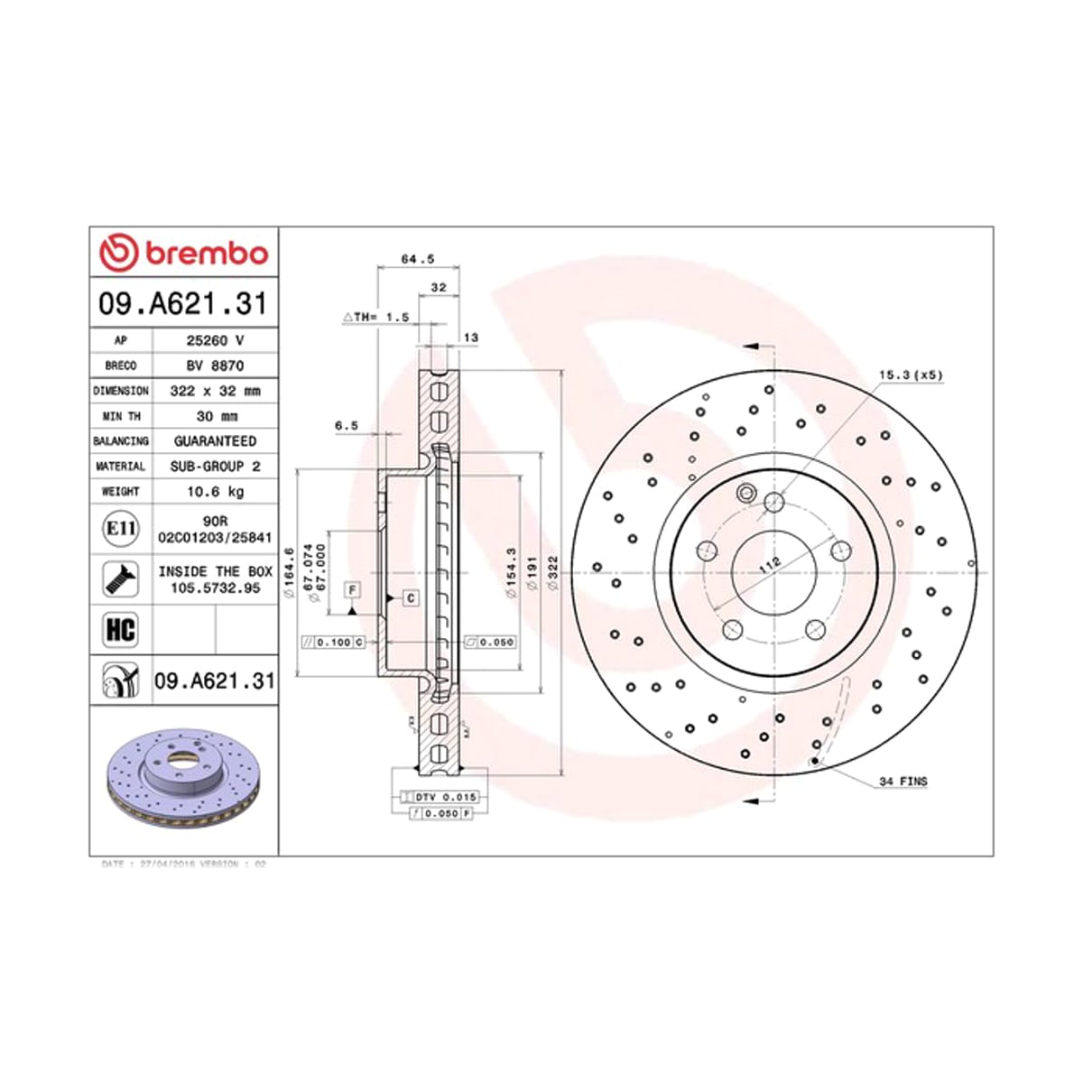 BREMBO Диск тормозной UV Coated 09A62131 (перед)