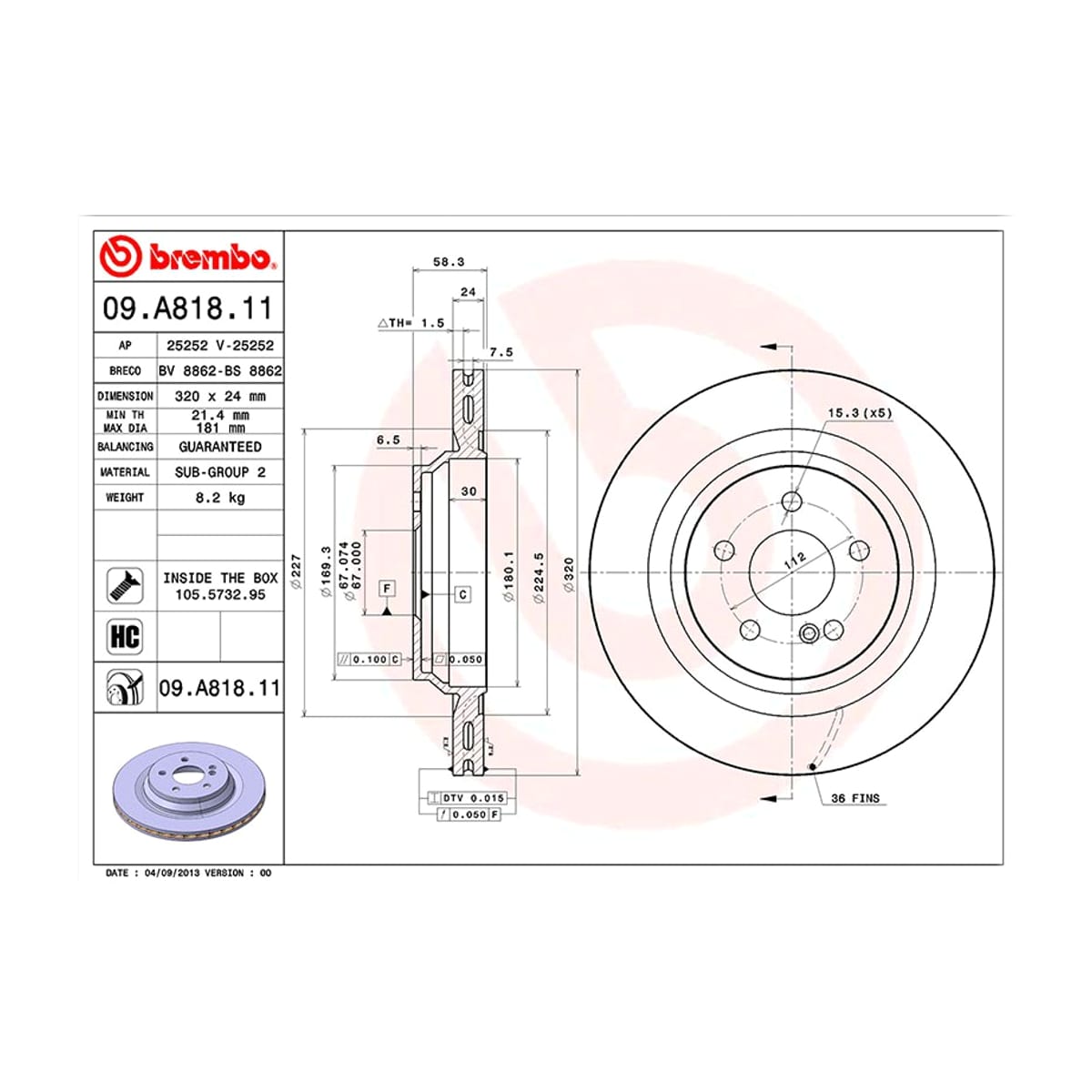 BREMBO Диск тормозной UV Coated 09A81811 (зад)