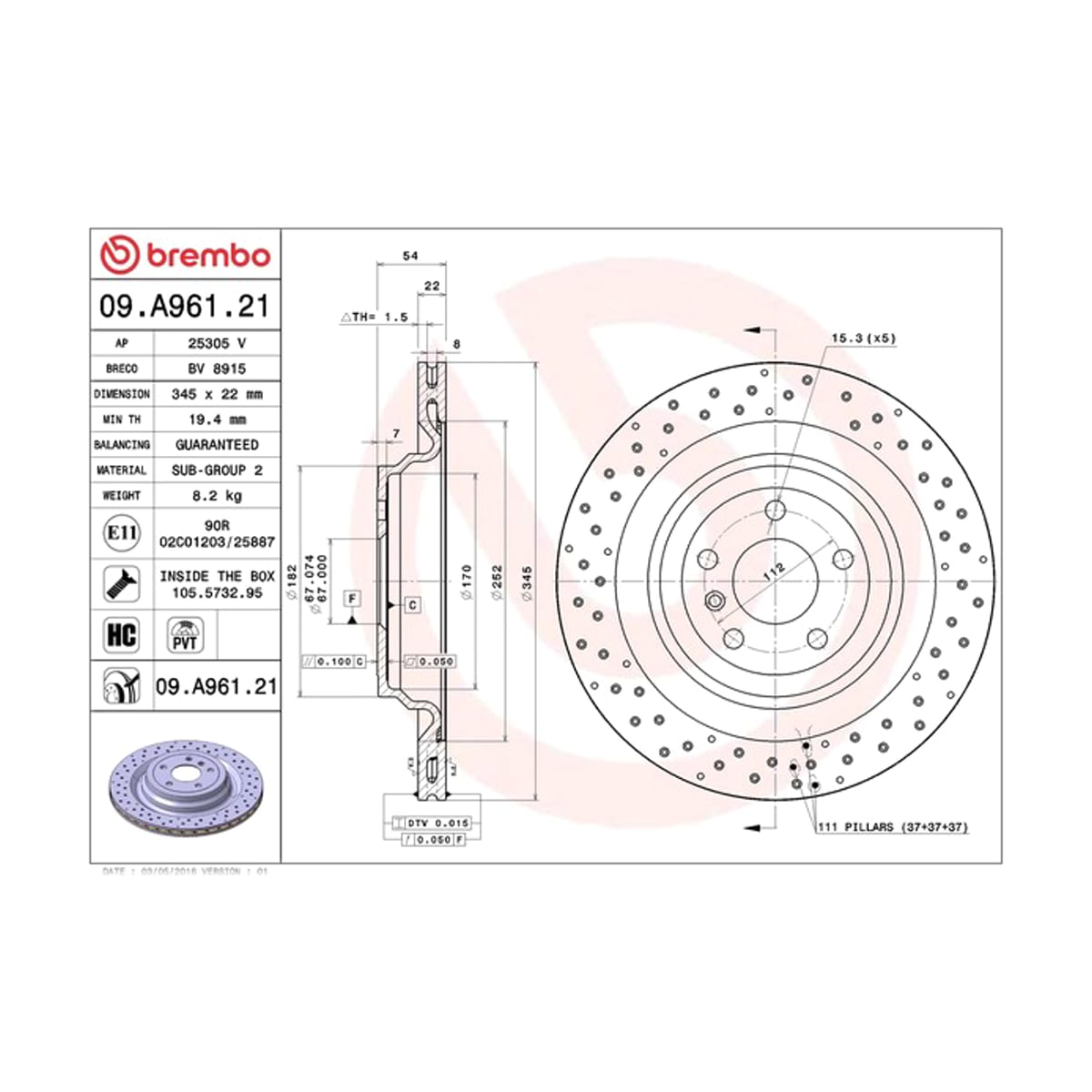 BREMBO Диск тормозной UV Coated 09A96121 (зад)