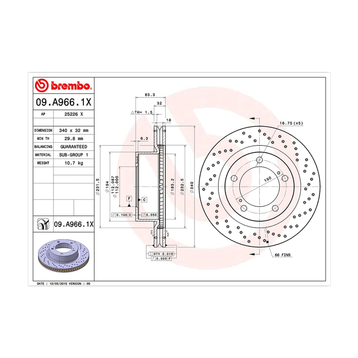 BREMBO Диск тормозной (Спереди) Toyota Land Cruiser (J200) 07-21 / Lexus LX 07-23 09A9661X