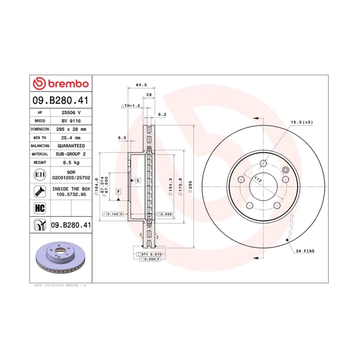 BREMBO Диск тормозной UV Coated 09B28041 (перед)
