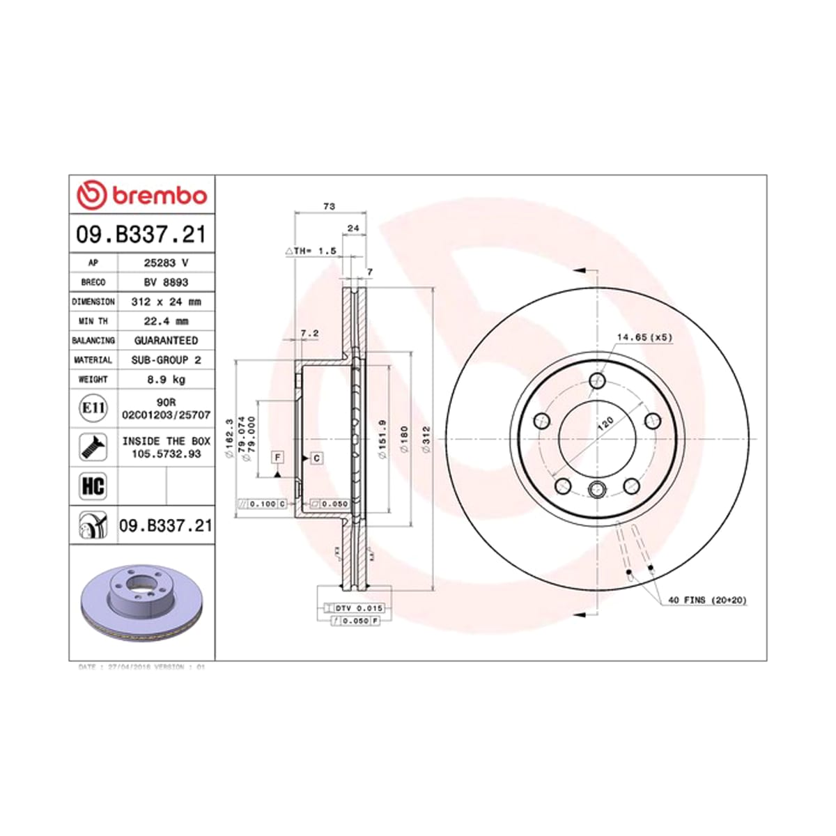 BREMBO Диск тормозной UV Coated 09B33721 (перед)