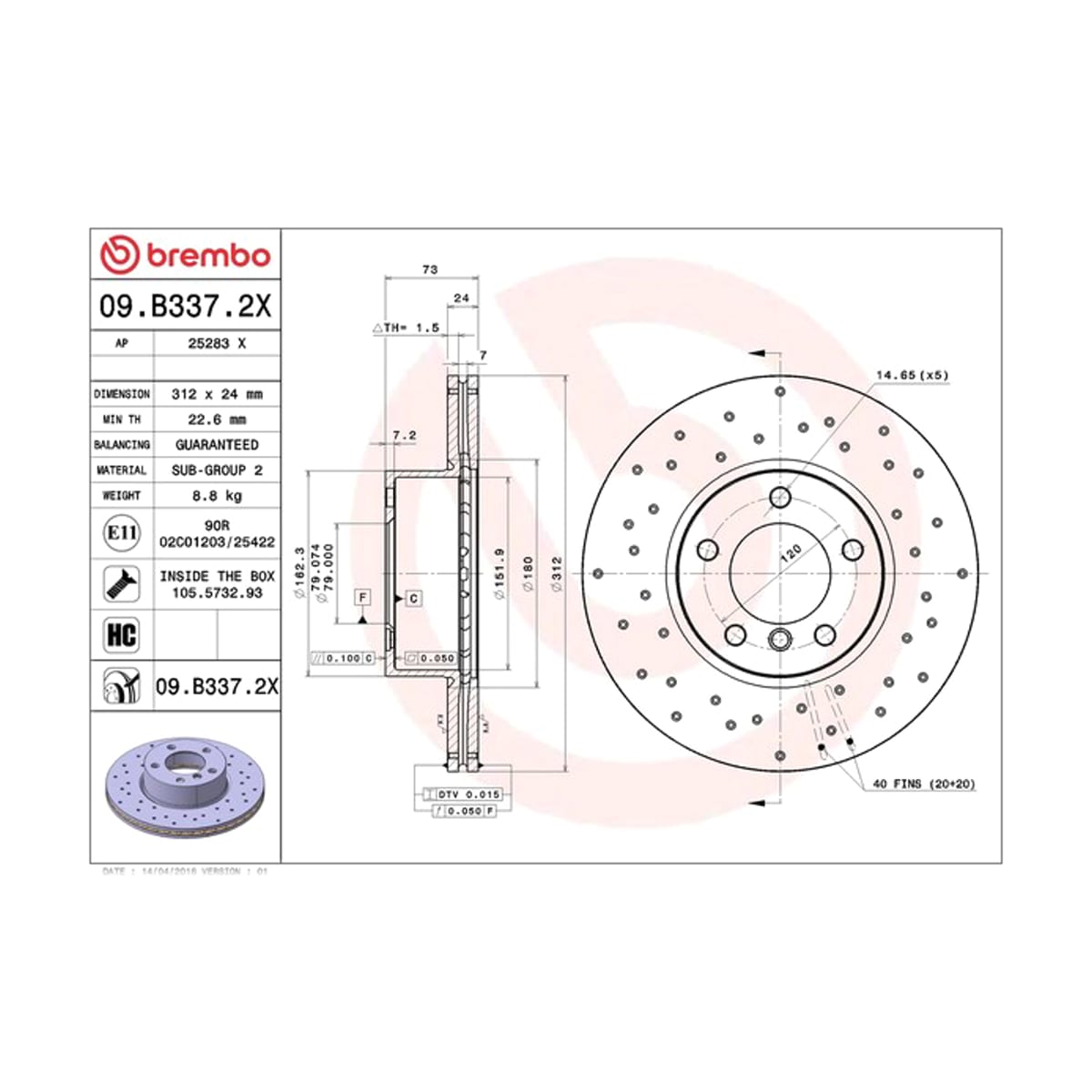 BREMBO Диск тормозной Xtra 09B3372X (перед)