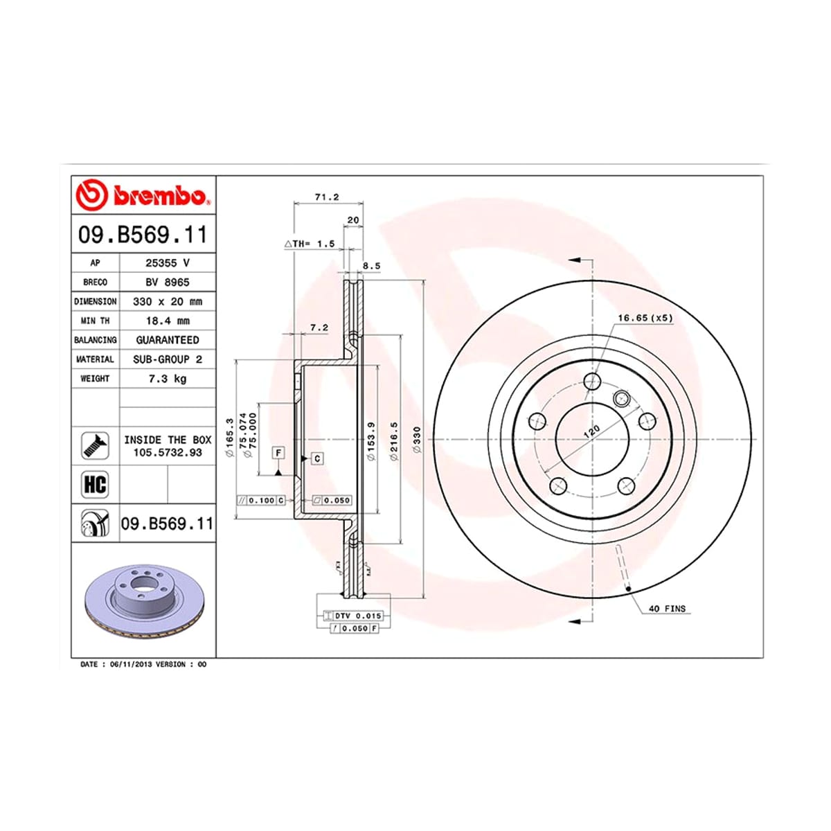 BREMBO Диск тормозной (Сзади) BMW X3 10-17 / X4 14-18 09B56911