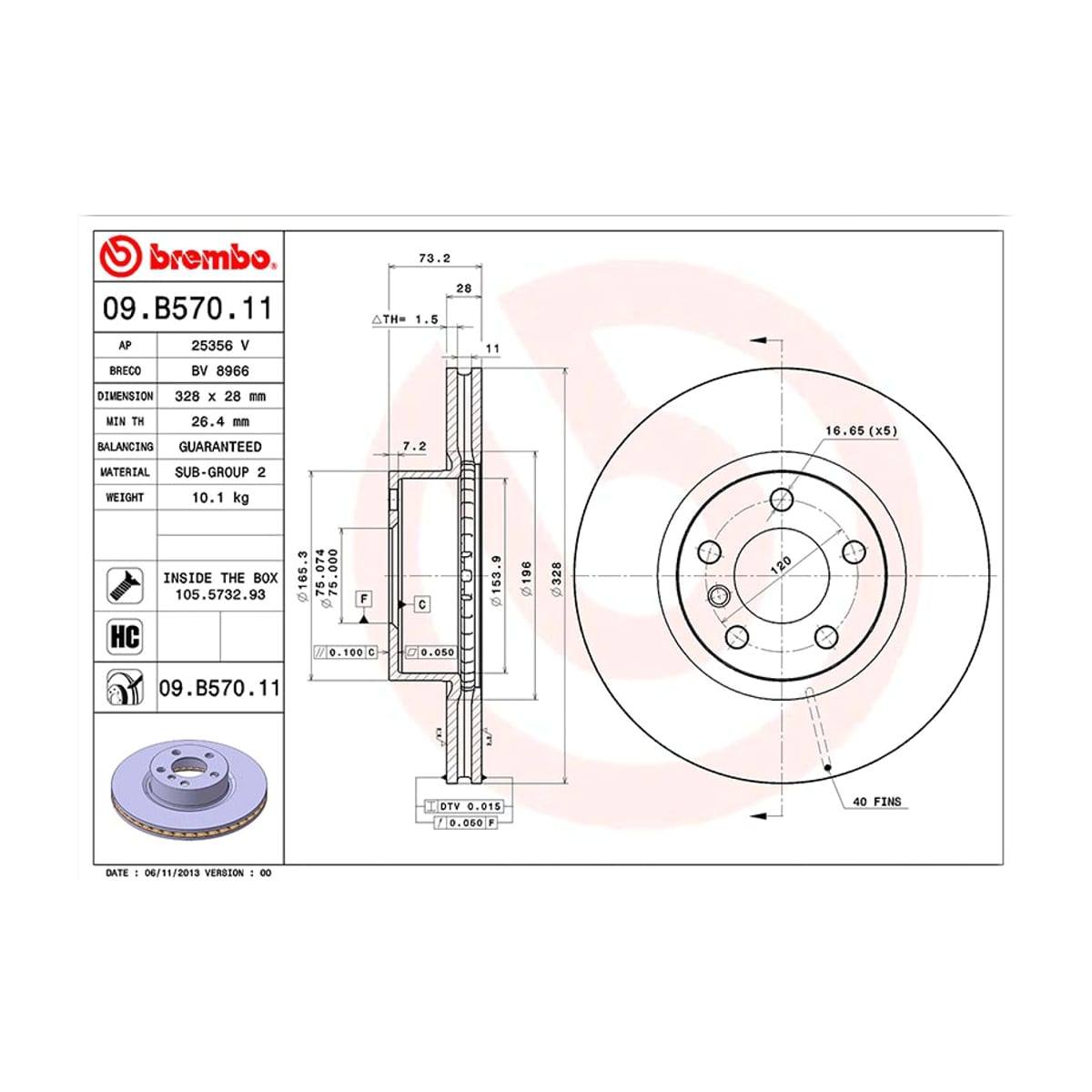 BREMBO Диск тормозной (Спереди) BMW X3 10-17 / X4 14-18 09B57011