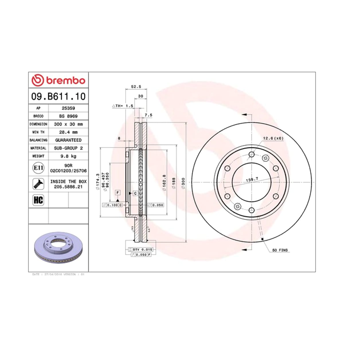 BREMBO Диск тормозной Standard 09B61110 (перед)