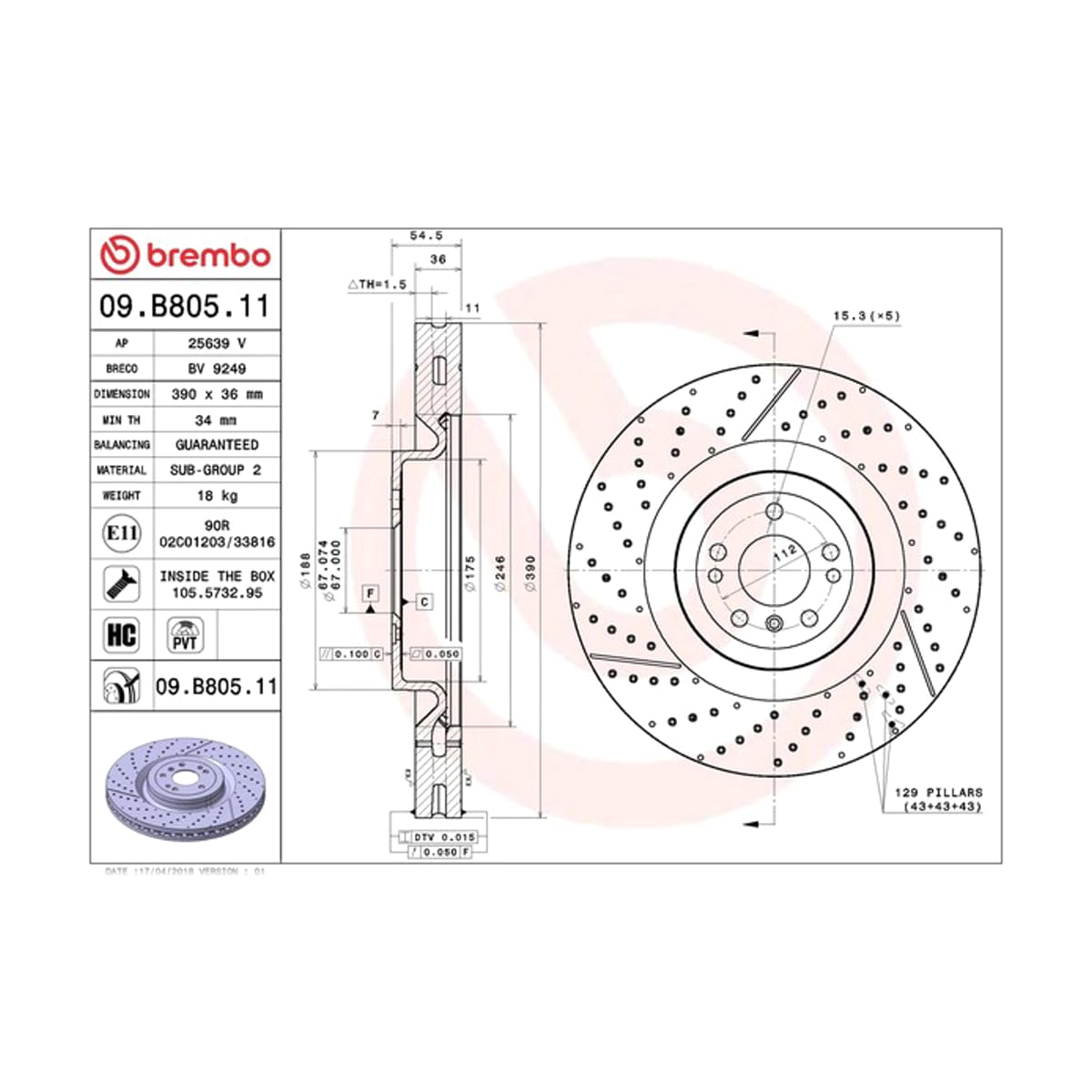BREMBO Диск тормозной UV Coated 09B80511 (перед)