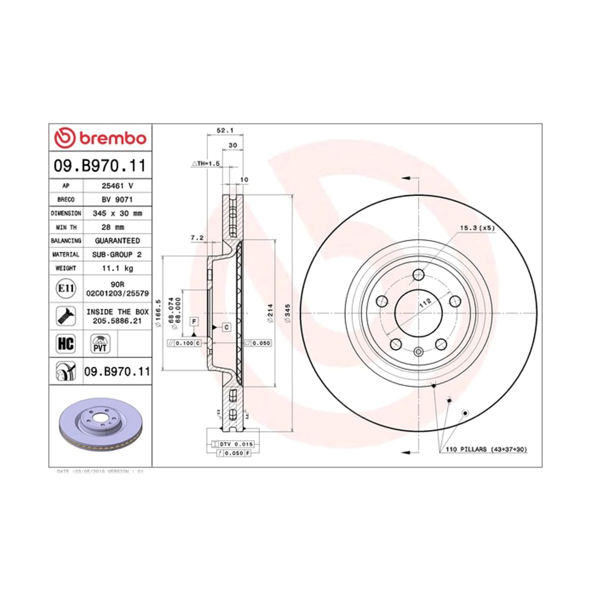 BREMBO Диск тормозной UV Coated 09B97011 (перед)