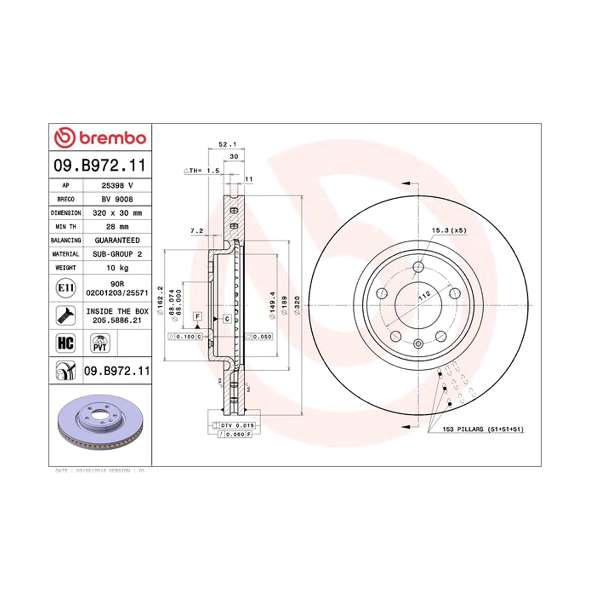 BREMBO Диск тормозной UV Coated 09B97211 (перед)