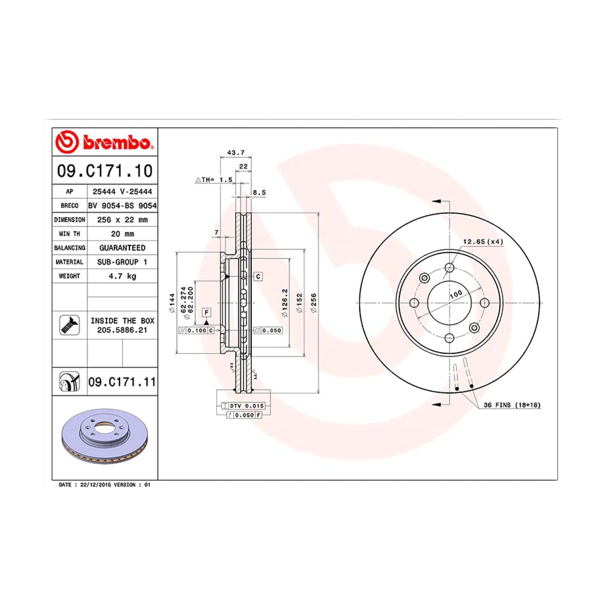 BREMBO Диск тормозной (Спереди) Hyundai Solaris 10-20 / Kia Rio 11-22 09C17111