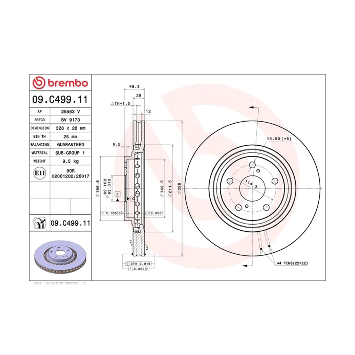 BREMBO Диск тормозной UV Coated 09C49911 (перед)