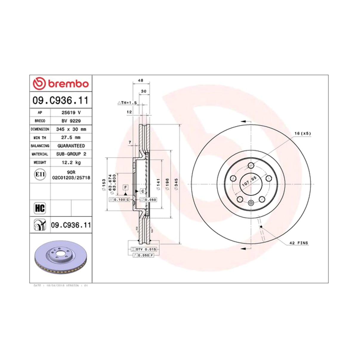 BREMBO Диск тормозной UV Coated 09C93611 (перед)